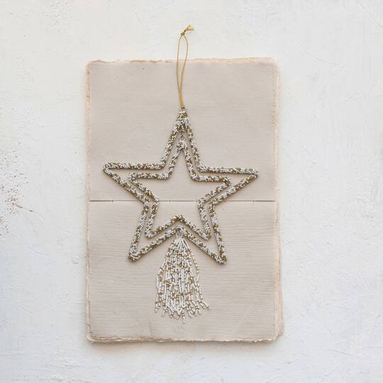 Hello Honey® 10" Gold & White Metal Star Glass Beaded Ornament with Tassel